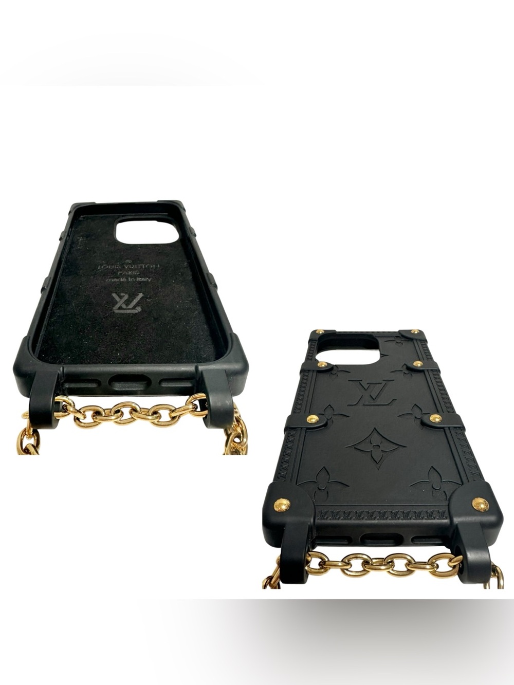 Louis Vuitton Black Matte Embossed Monogram Trunk iPhone 14 Pro Case Gold Chain - Picture 5 of 16